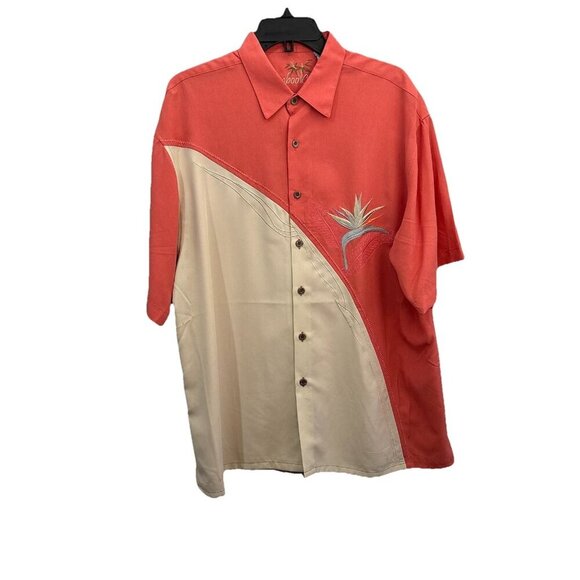 Bamboo Cay Crescent Bird Paradise Camp Coral Embroidered Tropical Shirt Large - Picture 1 of 11